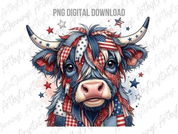Patchwork Patriotic Highland Cow: A Creative Design Asset