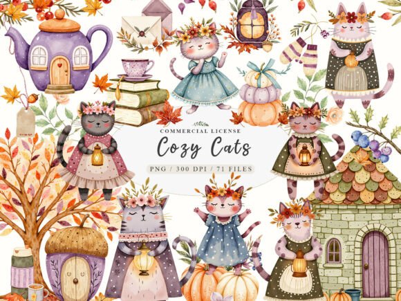 Watercolor Cozy Autumn Floral Cat Animal Clipart