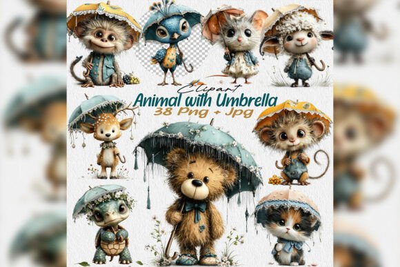 Whimsical Charm: The Umbrella Animal Clipart PNG Bundle Cute