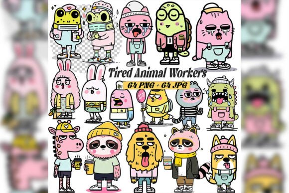 Whimsical Tired Animal Workers Set: Adding Humor to Your Designs