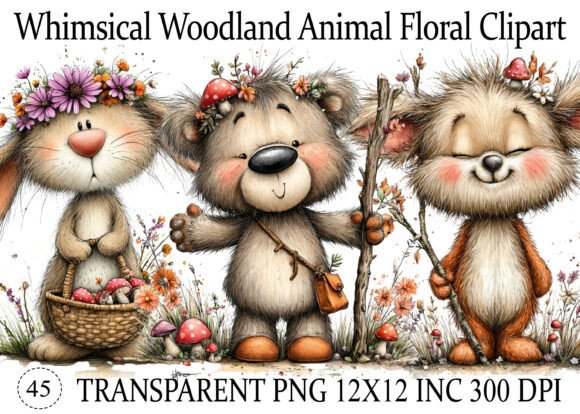 Whimsical Woodland Animal Floral Clipart: Charming Design Assets