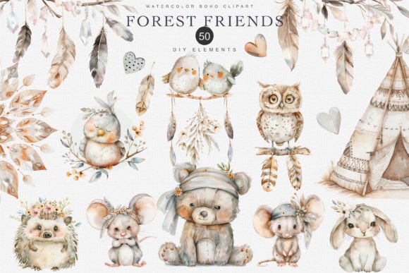 Woodland Boho Animal Clipart Set: A Dreamy Nursery Design Asset